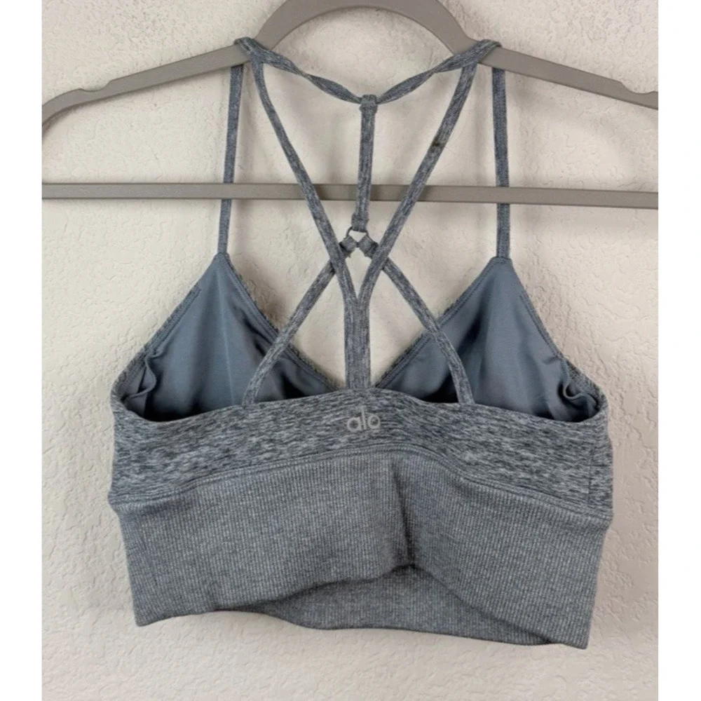 Alo Yoga Alosoft Lavish Sports Bra S Gray Strappy Back Ribbed Athleisure Gym